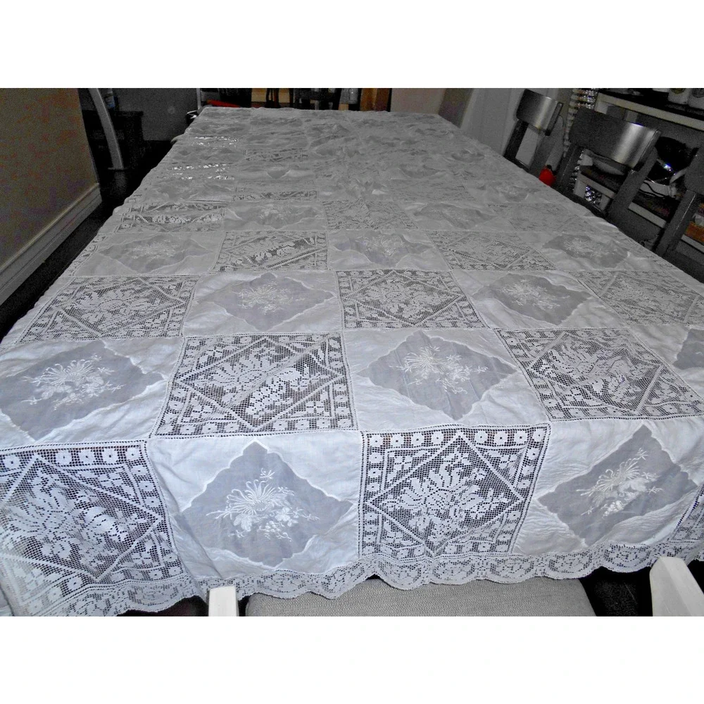 VTG Linen Filet Lace Banquet Tablecloth Floral Applique Army Navy 115